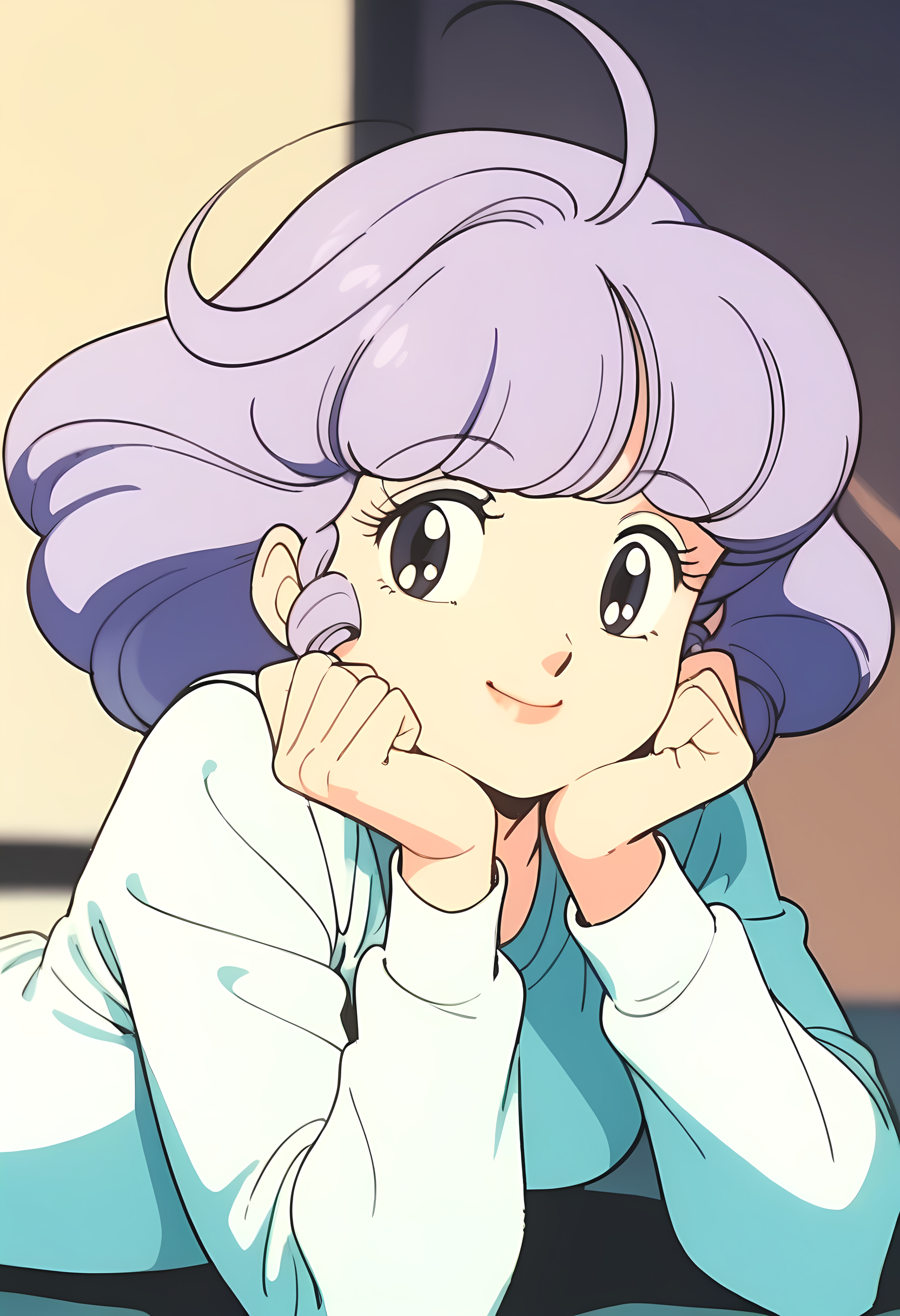 25895-534146652-masterpiece, best quality, very aesthetic, absurdres,1990s _(style_),1girl, solo,purple hair,looking at viewer,smile, head rest,.png